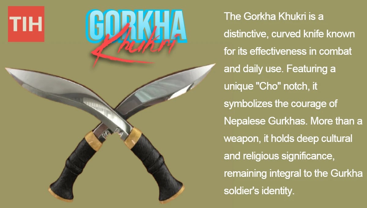 The iconic Gorkha Khukri — curved blade with distinctive notch, purpose-built for close combat in confined terrain