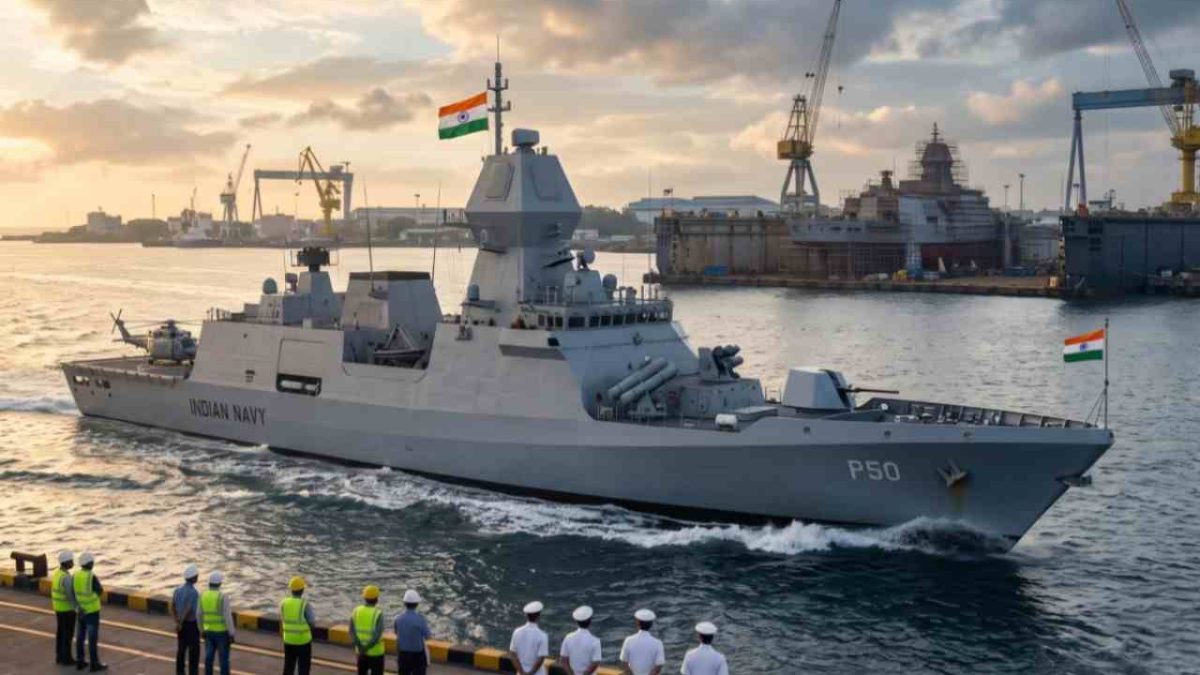 Indian Navy Next-Generation Corvette warship departing a shipbuilding dockyard during golden hour.
