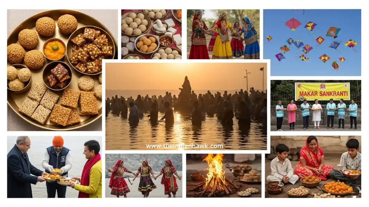 A collage of Makar Sankranti celebrations, showing diverse traditions, including people bathing in the Ganga, sharing food, and enjoying sesame-based sweets.