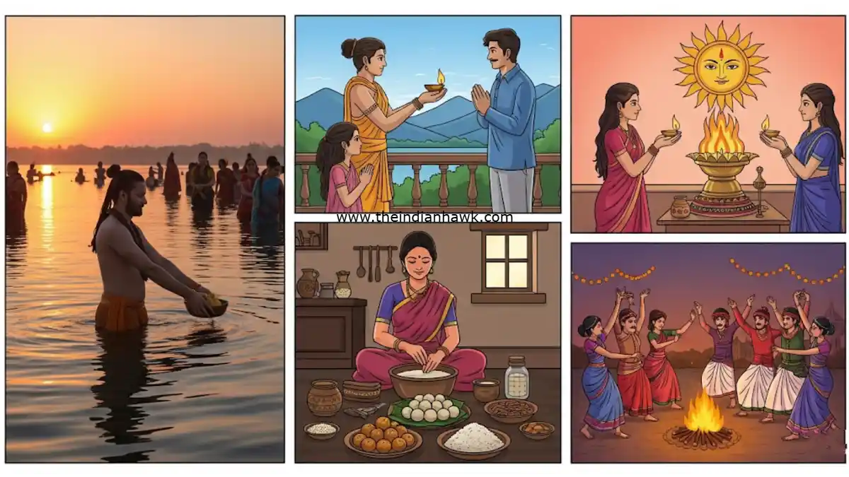 A multi-panel illustration depicting the rituals of Makar Sankranti, such as taking a holy bath, praying to the sun god, and preparing traditional festival foods.