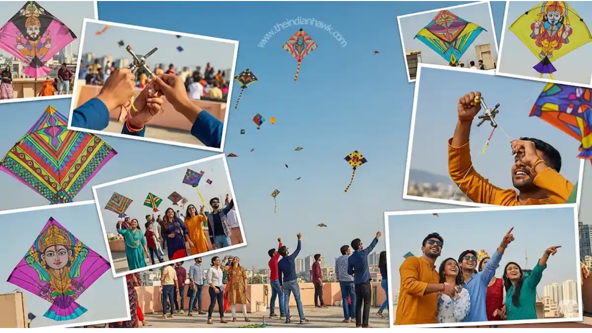 A collage featuring people of all ages flying colorful kites against a clear blue sky during the Makar Sankranti kite festival.