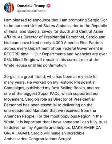 US President Donald Trump's tweet promoting Sergio Gor to US Ambassdor to India.
