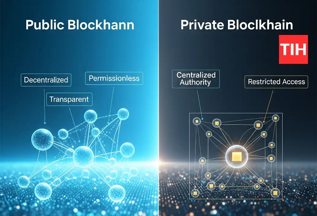 This image is a comparison graphic that visually contrasts the open, transparent nature of a public blockchain with the more restricted, controlled environment of a private one.